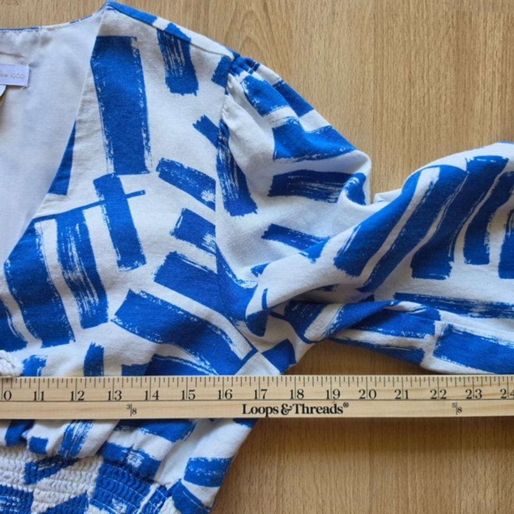 House of Harlow 1960 Blue White Abstract Brushstroke Linen Blend Crop Top Medium - Picture 5 of 9